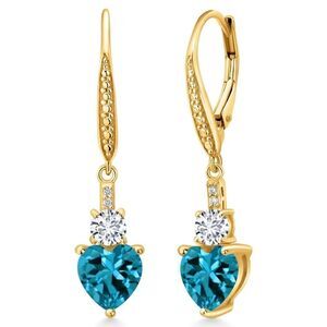 18K Yellow Gold with 3.77 Cttw London Blue Topaz and Diamond Heart Drop Earrings
